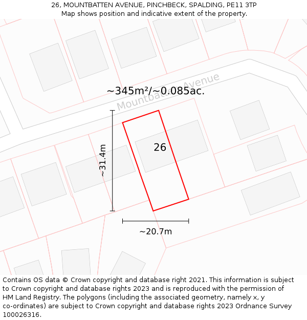 26, MOUNTBATTEN AVENUE, PINCHBECK, SPALDING, PE11 3TP: Plot and title map