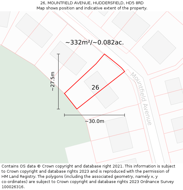26, MOUNTFIELD AVENUE, HUDDERSFIELD, HD5 8RD: Plot and title map