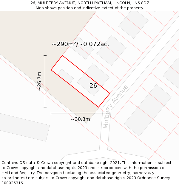 26, MULBERRY AVENUE, NORTH HYKEHAM, LINCOLN, LN6 8DZ: Plot and title map