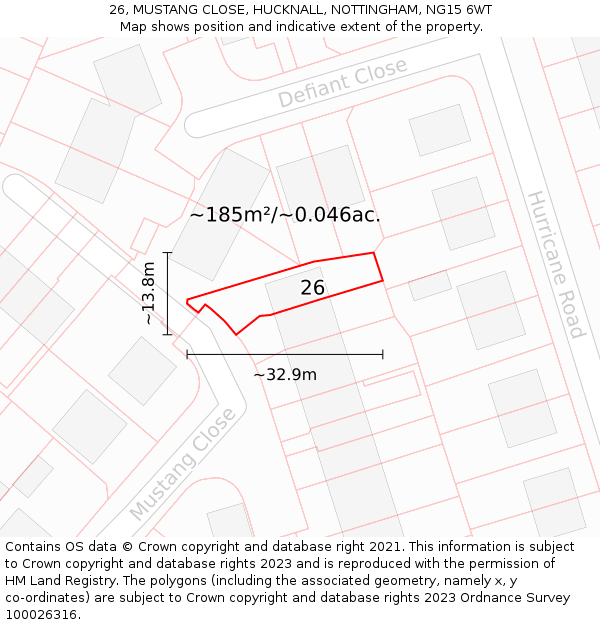 26, MUSTANG CLOSE, HUCKNALL, NOTTINGHAM, NG15 6WT: Plot and title map