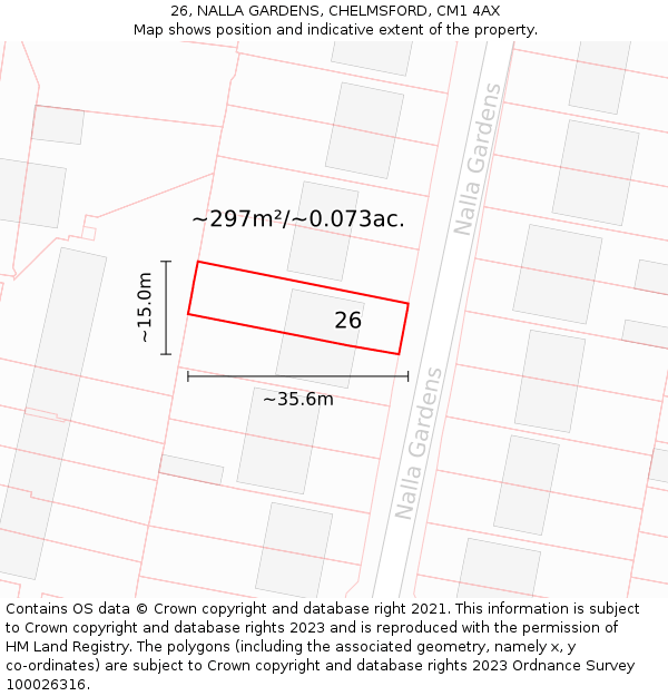 26, NALLA GARDENS, CHELMSFORD, CM1 4AX: Plot and title map