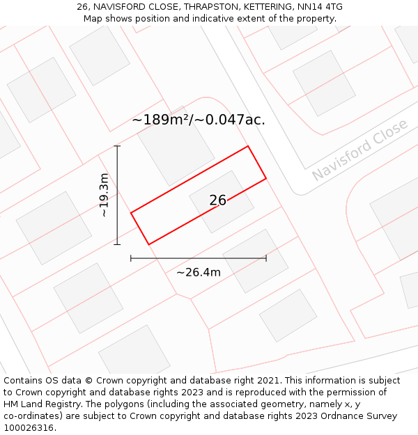 26, NAVISFORD CLOSE, THRAPSTON, KETTERING, NN14 4TG: Plot and title map
