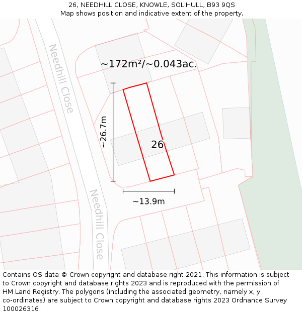 26, NEEDHILL CLOSE, KNOWLE, SOLIHULL, B93 9QS: Plot and title map
