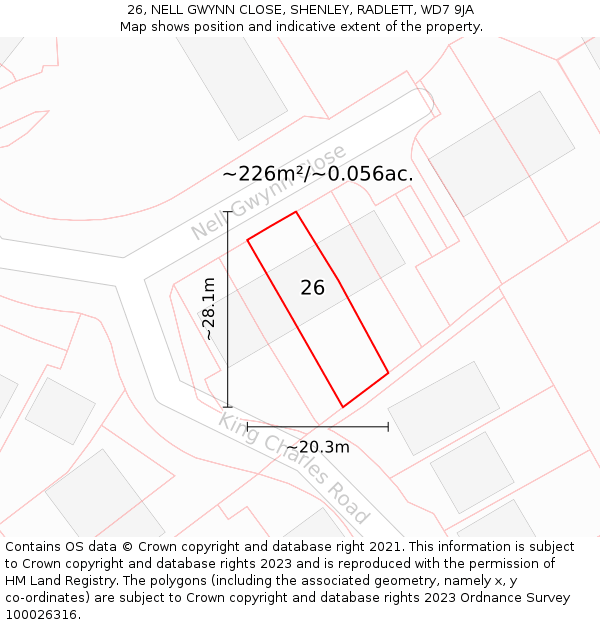 26, NELL GWYNN CLOSE, SHENLEY, RADLETT, WD7 9JA: Plot and title map