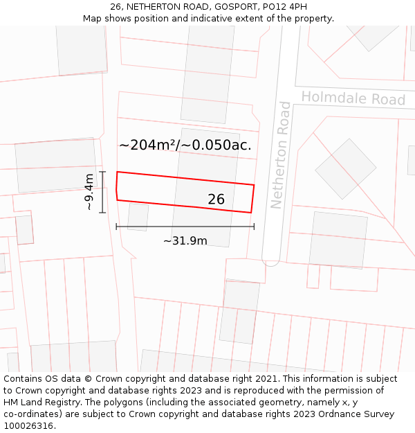 26, NETHERTON ROAD, GOSPORT, PO12 4PH: Plot and title map