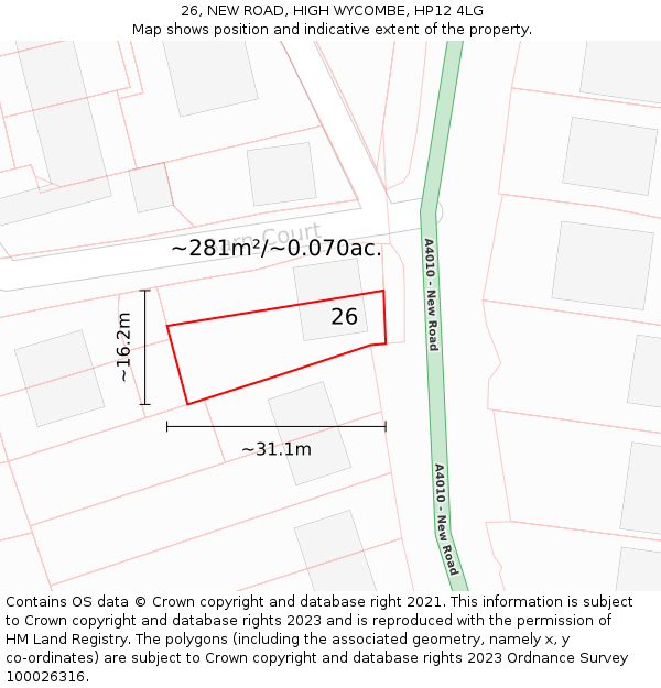26, NEW ROAD, HIGH WYCOMBE, HP12 4LG: Plot and title map
