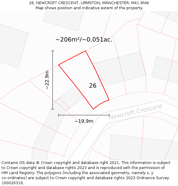 26, NEWCROFT CRESCENT, URMSTON, MANCHESTER, M41 9NW: Plot and title map