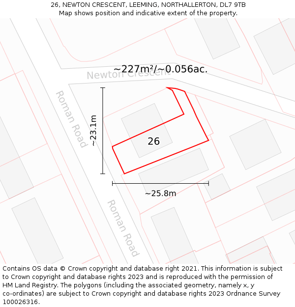 26, NEWTON CRESCENT, LEEMING, NORTHALLERTON, DL7 9TB: Plot and title map