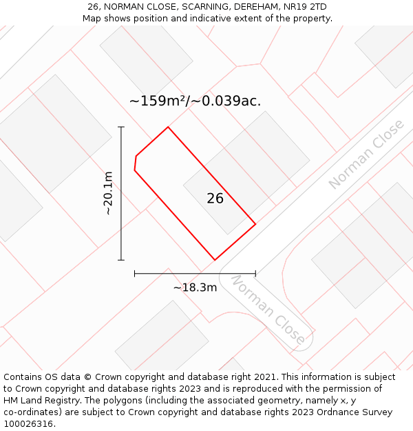 26, NORMAN CLOSE, SCARNING, DEREHAM, NR19 2TD: Plot and title map