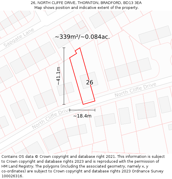 26, NORTH CLIFFE DRIVE, THORNTON, BRADFORD, BD13 3EA: Plot and title map