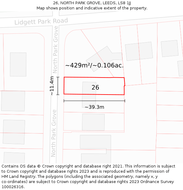 26, NORTH PARK GROVE, LEEDS, LS8 1JJ: Plot and title map