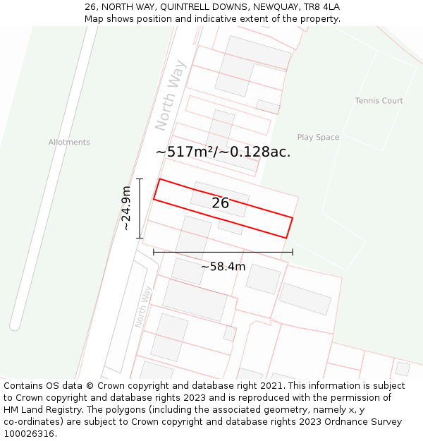 26, NORTH WAY, QUINTRELL DOWNS, NEWQUAY, TR8 4LA: Plot and title map