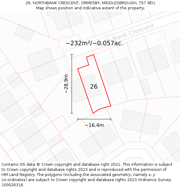 26, NORTHBANK CRESCENT, ORMESBY, MIDDLESBROUGH, TS7 9EU: Plot and title map