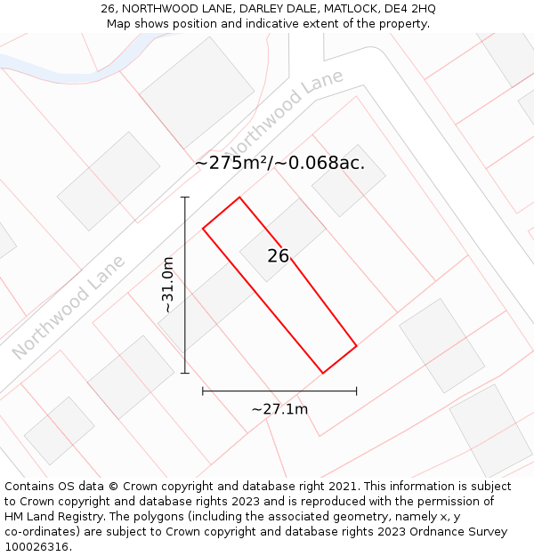 26, NORTHWOOD LANE, DARLEY DALE, MATLOCK, DE4 2HQ: Plot and title map