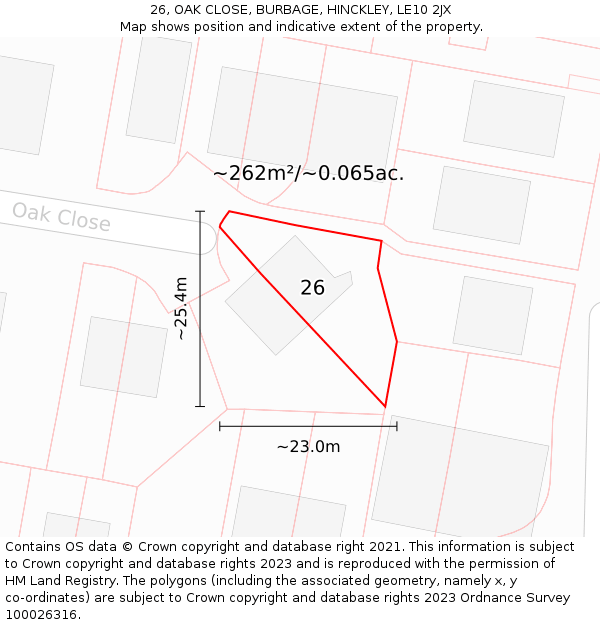 26, OAK CLOSE, BURBAGE, HINCKLEY, LE10 2JX: Plot and title map