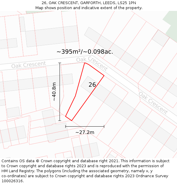26, OAK CRESCENT, GARFORTH, LEEDS, LS25 1PN: Plot and title map