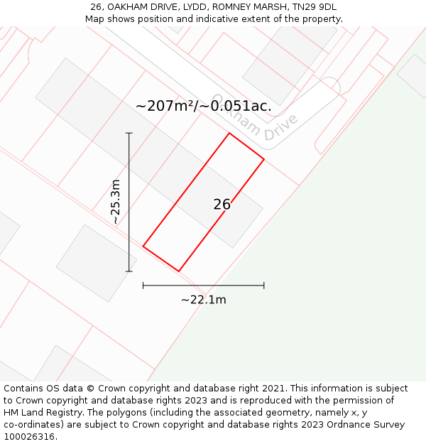 26, OAKHAM DRIVE, LYDD, ROMNEY MARSH, TN29 9DL: Plot and title map