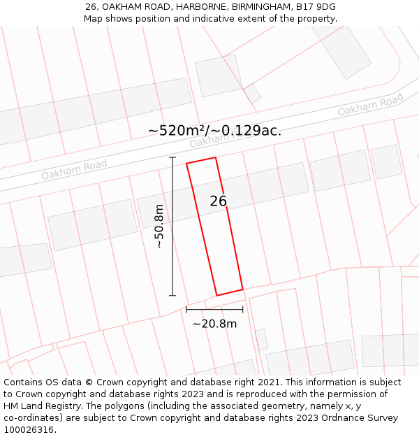 26, OAKHAM ROAD, HARBORNE, BIRMINGHAM, B17 9DG: Plot and title map