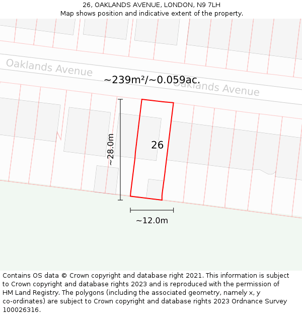 26, OAKLANDS AVENUE, LONDON, N9 7LH: Plot and title map