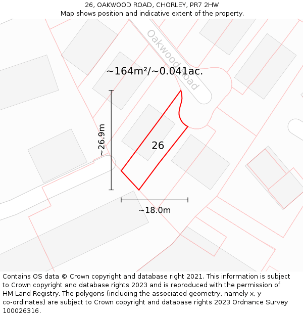 26, OAKWOOD ROAD, CHORLEY, PR7 2HW: Plot and title map