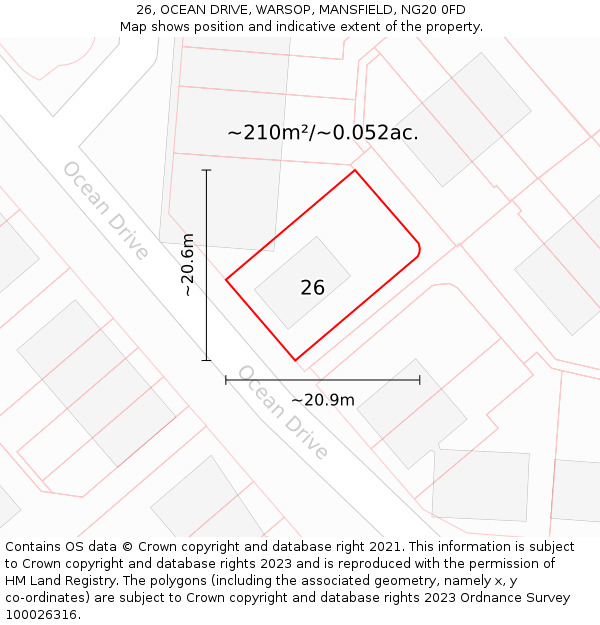 26, OCEAN DRIVE, WARSOP, MANSFIELD, NG20 0FD: Plot and title map