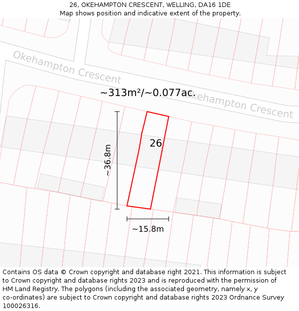 26, OKEHAMPTON CRESCENT, WELLING, DA16 1DE: Plot and title map