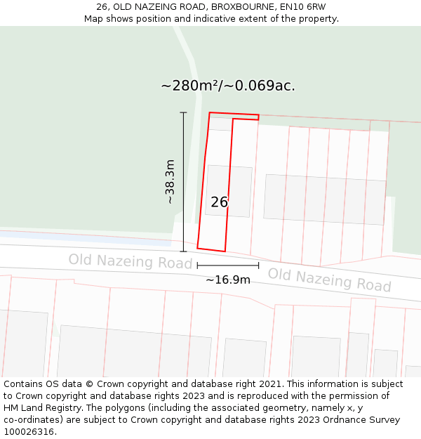 26, OLD NAZEING ROAD, BROXBOURNE, EN10 6RW: Plot and title map