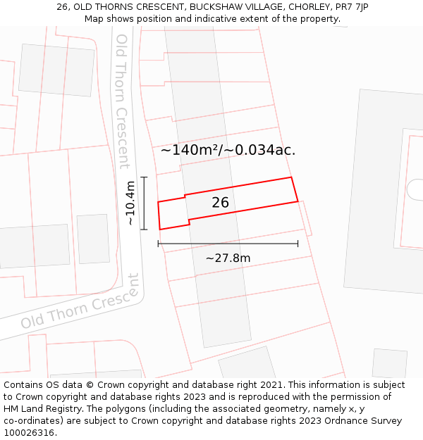 26, OLD THORNS CRESCENT, BUCKSHAW VILLAGE, CHORLEY, PR7 7JP: Plot and title map