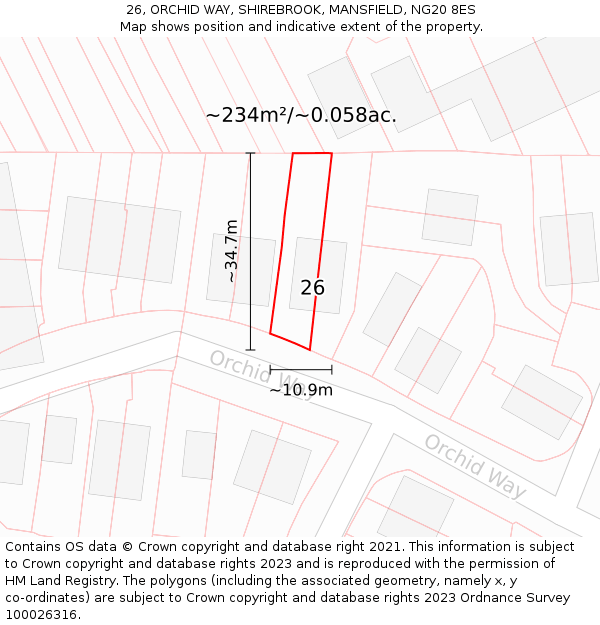 26, ORCHID WAY, SHIREBROOK, MANSFIELD, NG20 8ES: Plot and title map