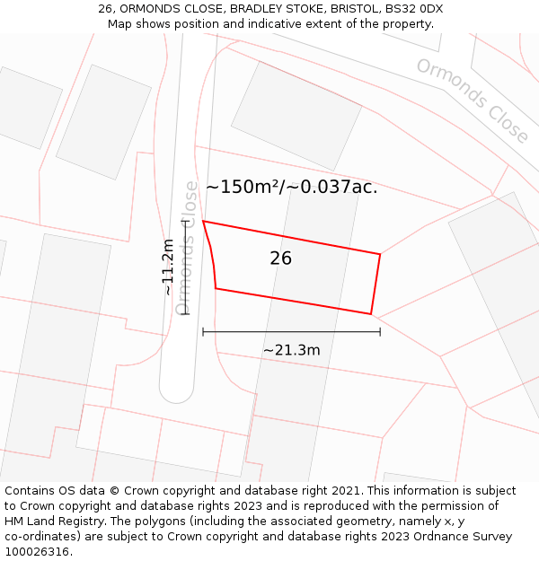 26, ORMONDS CLOSE, BRADLEY STOKE, BRISTOL, BS32 0DX: Plot and title map