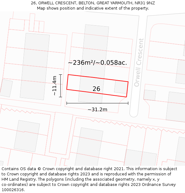 26, ORWELL CRESCENT, BELTON, GREAT YARMOUTH, NR31 9NZ: Plot and title map