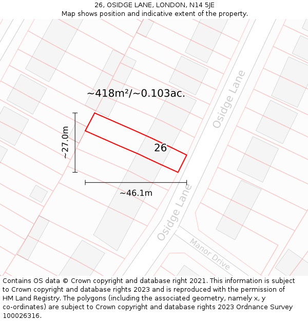 26, OSIDGE LANE, LONDON, N14 5JE: Plot and title map