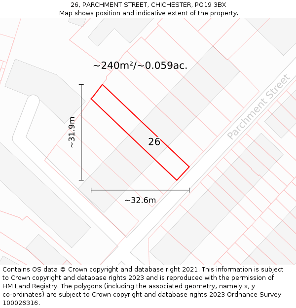 26, PARCHMENT STREET, CHICHESTER, PO19 3BX: Plot and title map