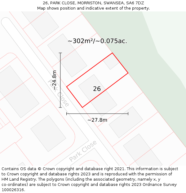 26, PARK CLOSE, MORRISTON, SWANSEA, SA6 7DZ: Plot and title map