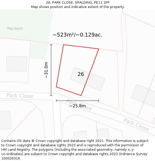 26, PARK CLOSE, SPALDING, PE11 1PP: Plot and title map