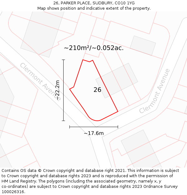 26, PARKER PLACE, SUDBURY, CO10 1YG: Plot and title map