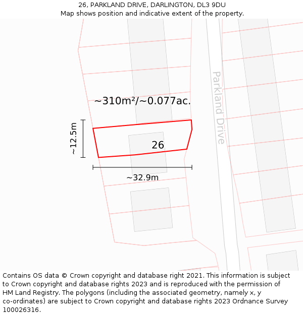 26, PARKLAND DRIVE, DARLINGTON, DL3 9DU: Plot and title map
