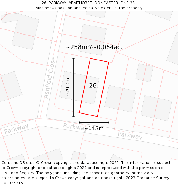 26, PARKWAY, ARMTHORPE, DONCASTER, DN3 3RL: Plot and title map