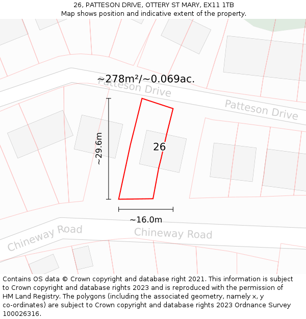 26, PATTESON DRIVE, OTTERY ST MARY, EX11 1TB: Plot and title map