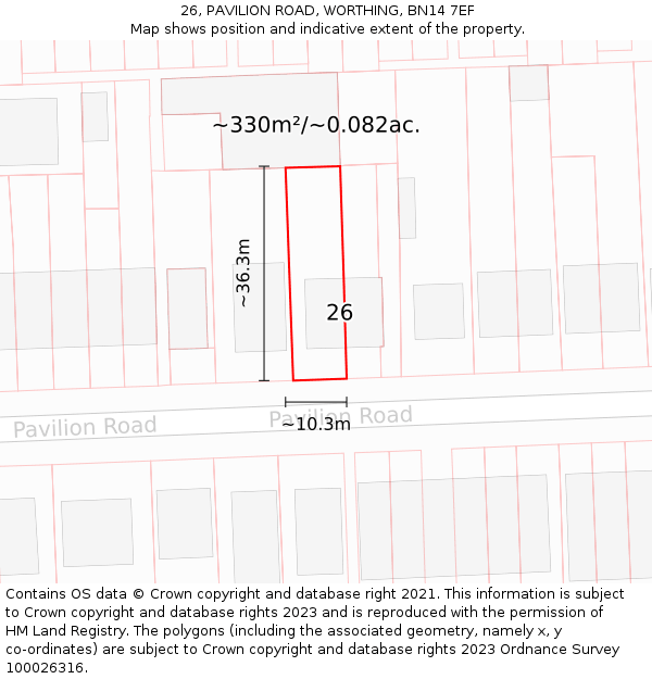 26, PAVILION ROAD, WORTHING, BN14 7EF: Plot and title map