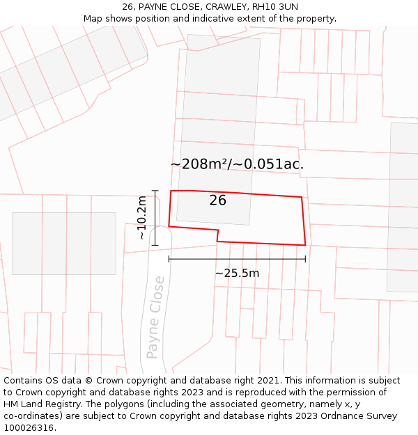 26, PAYNE CLOSE, CRAWLEY, RH10 3UN: Plot and title map