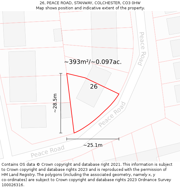 26, PEACE ROAD, STANWAY, COLCHESTER, CO3 0HW: Plot and title map