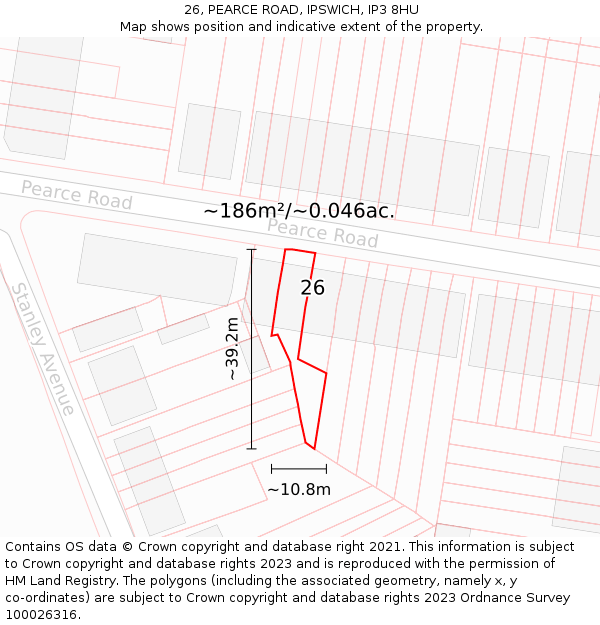 26, PEARCE ROAD, IPSWICH, IP3 8HU: Plot and title map