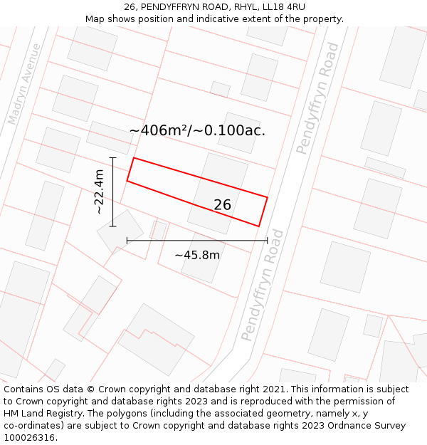 26, PENDYFFRYN ROAD, RHYL, LL18 4RU: Plot and title map