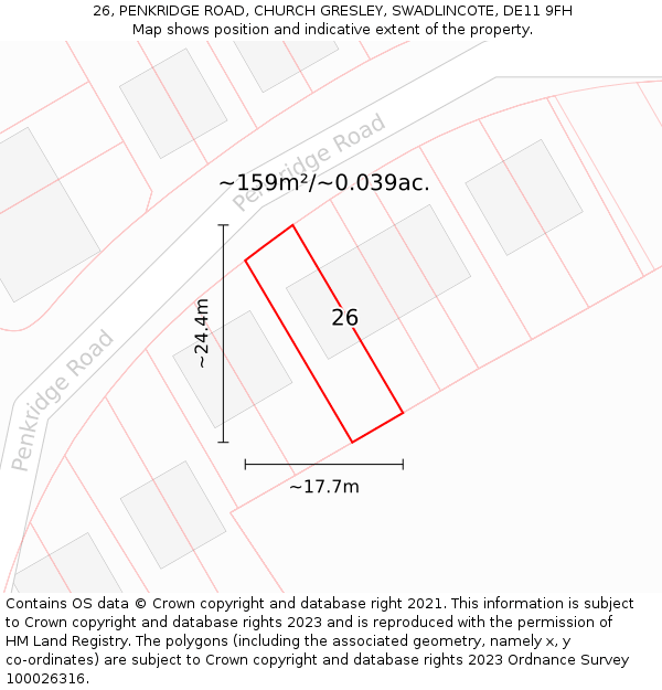26, PENKRIDGE ROAD, CHURCH GRESLEY, SWADLINCOTE, DE11 9FH: Plot and title map