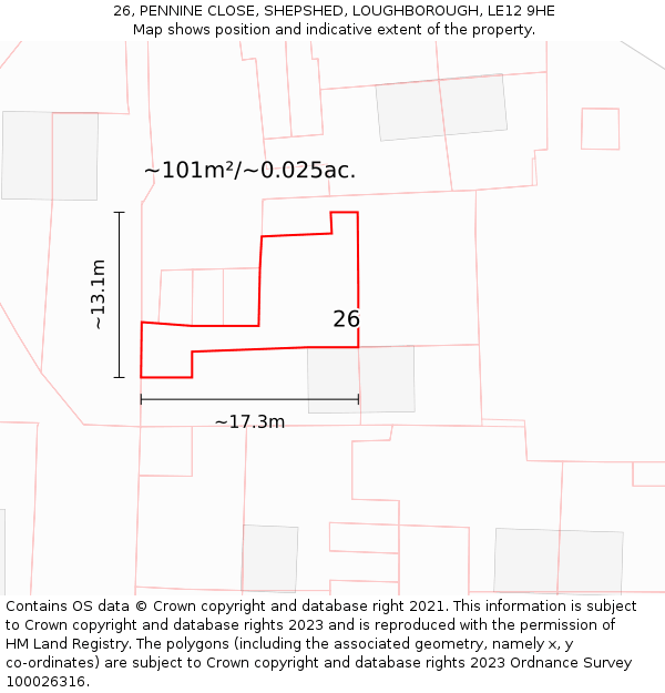 26, PENNINE CLOSE, SHEPSHED, LOUGHBOROUGH, LE12 9HE: Plot and title map