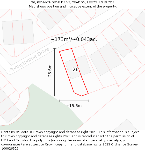26, PENNYTHORNE DRIVE, YEADON, LEEDS, LS19 7DS: Plot and title map