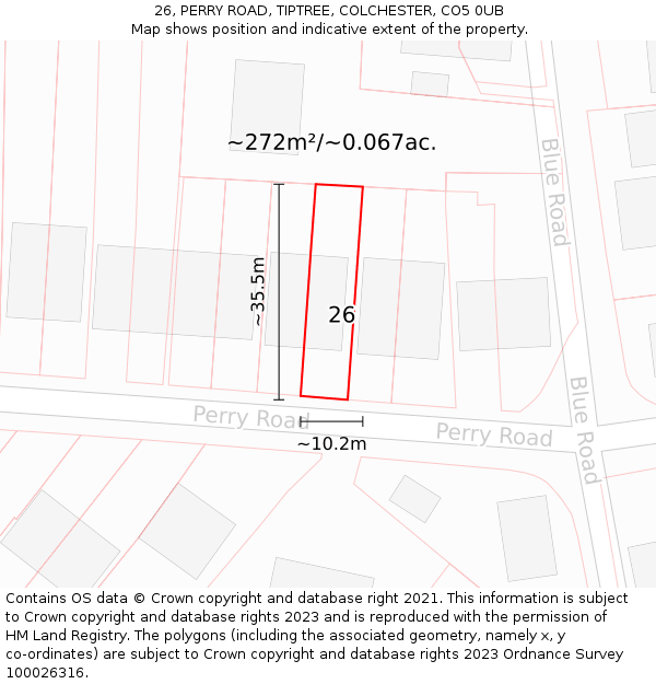 26, PERRY ROAD, TIPTREE, COLCHESTER, CO5 0UB: Plot and title map
