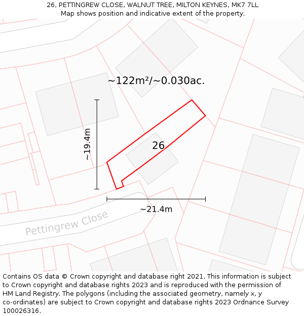 26, PETTINGREW CLOSE, WALNUT TREE, MILTON KEYNES, MK7 7LL: Plot and title map