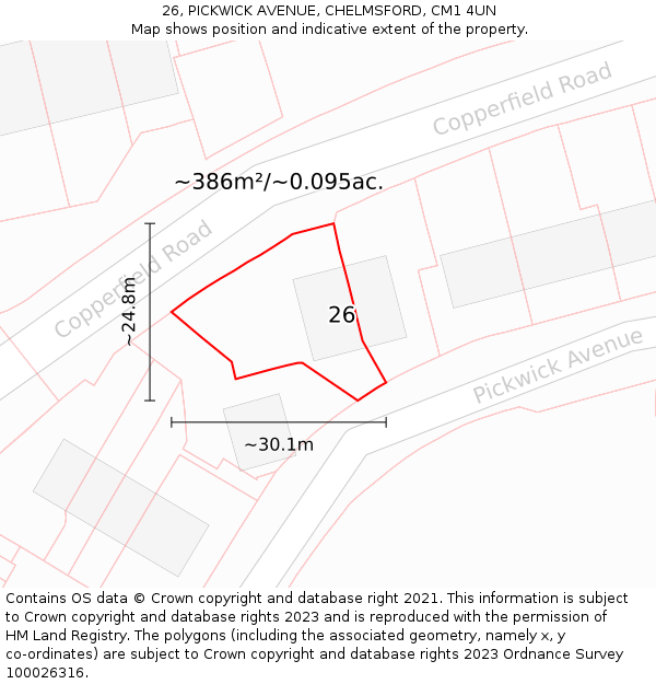 26, PICKWICK AVENUE, CHELMSFORD, CM1 4UN: Plot and title map